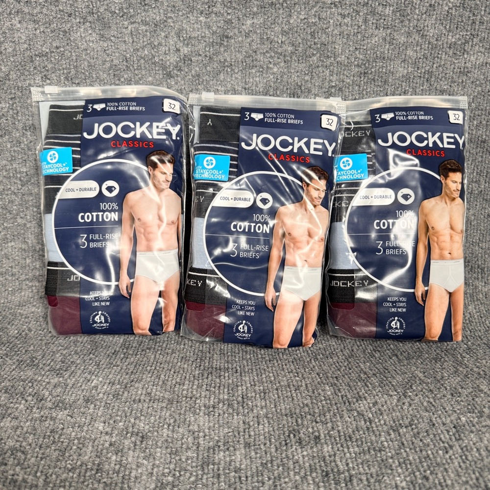 New Lot of 3 Jockey Classic Mens Size 32 Briefs White Cotton Full Rise Underwear